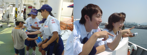 左：海上保安庁巡視船体験航海中の募金活動　右：海上保安庁巡視船体験航海